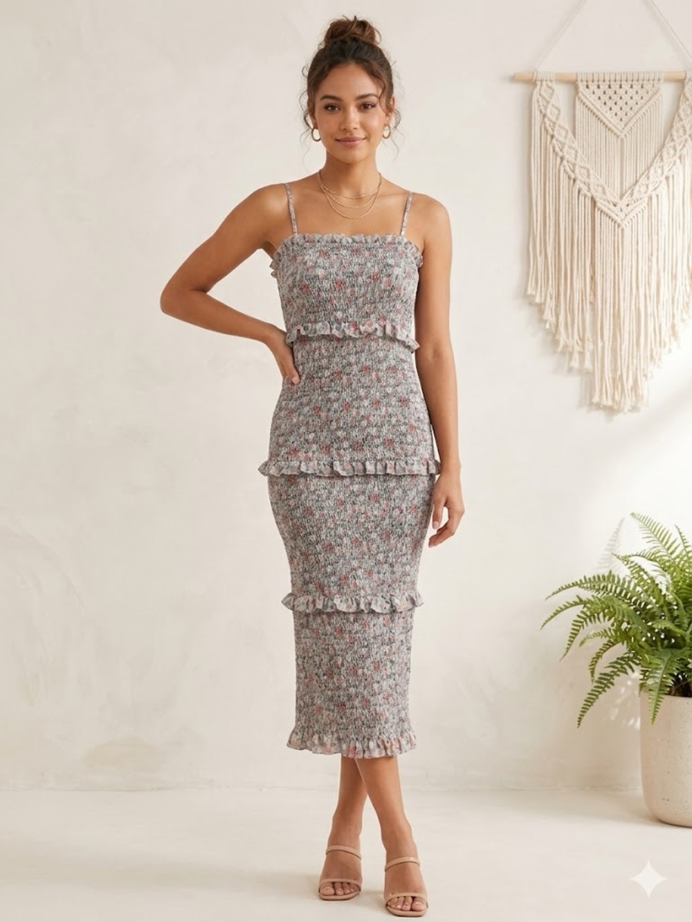 MABLE Floral Smocked Ruffle Midi Spring Dress - light teal